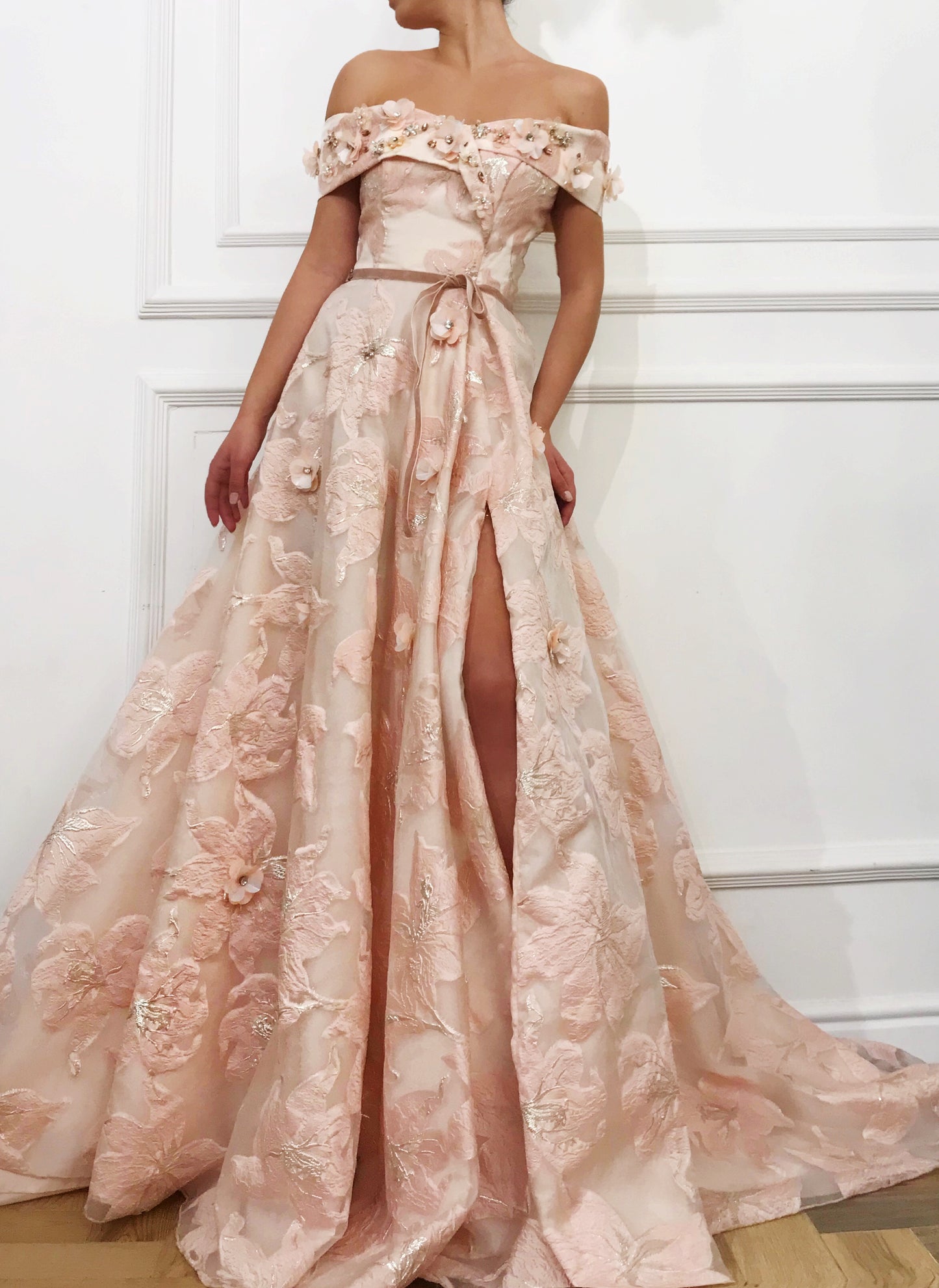 Pink A-Line dress with off the shoulder sleeves and embroidery