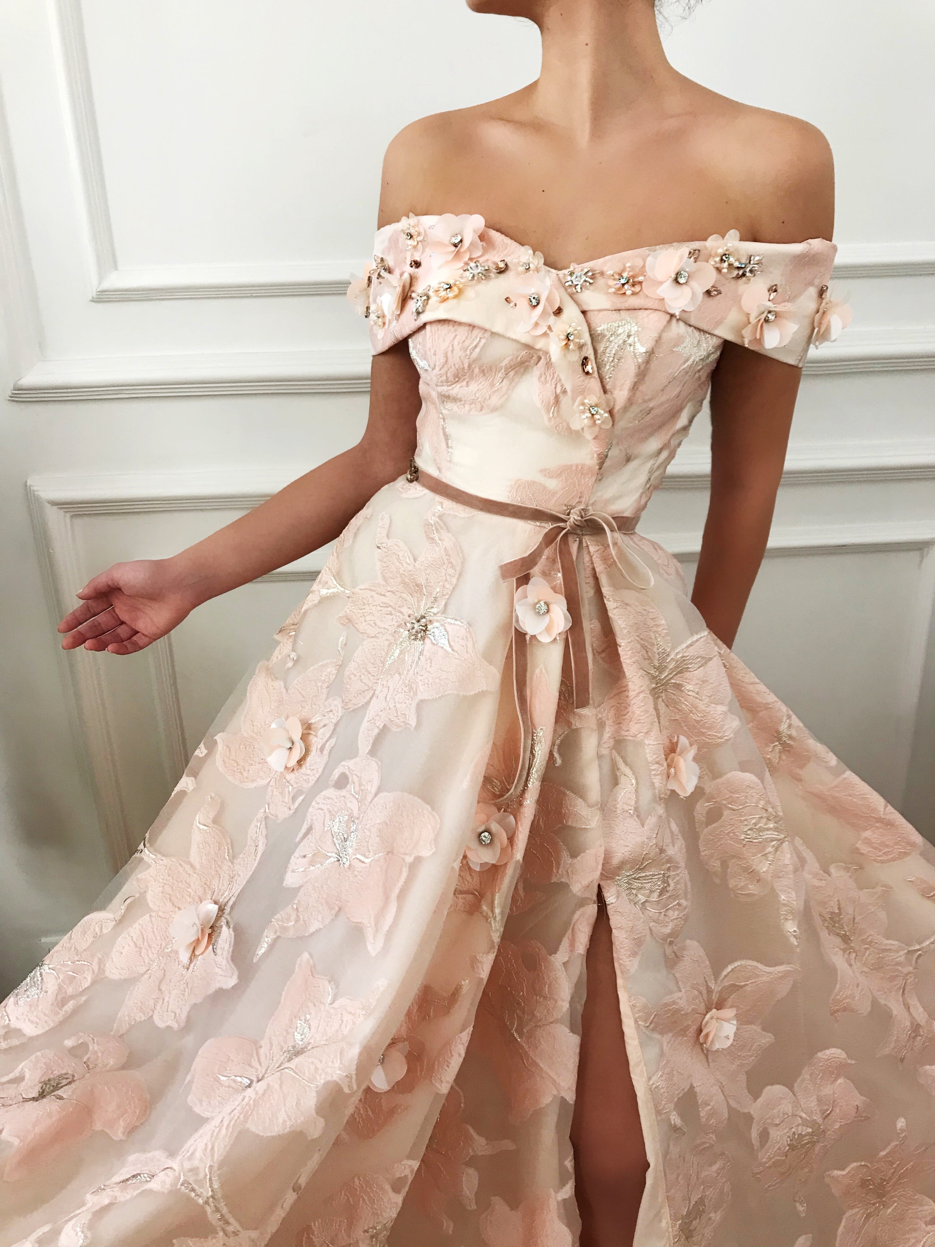 Pink A-Line dress with off the shoulder sleeves and embroidery