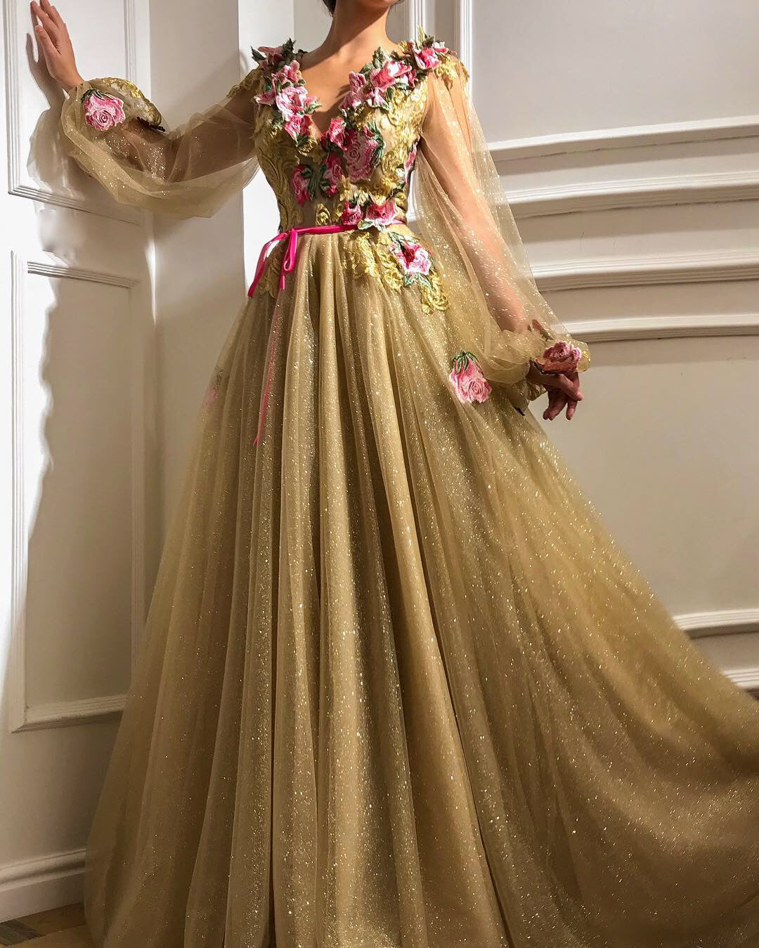 Gold A-Line dress with long sleeves, v-neck and embroidery