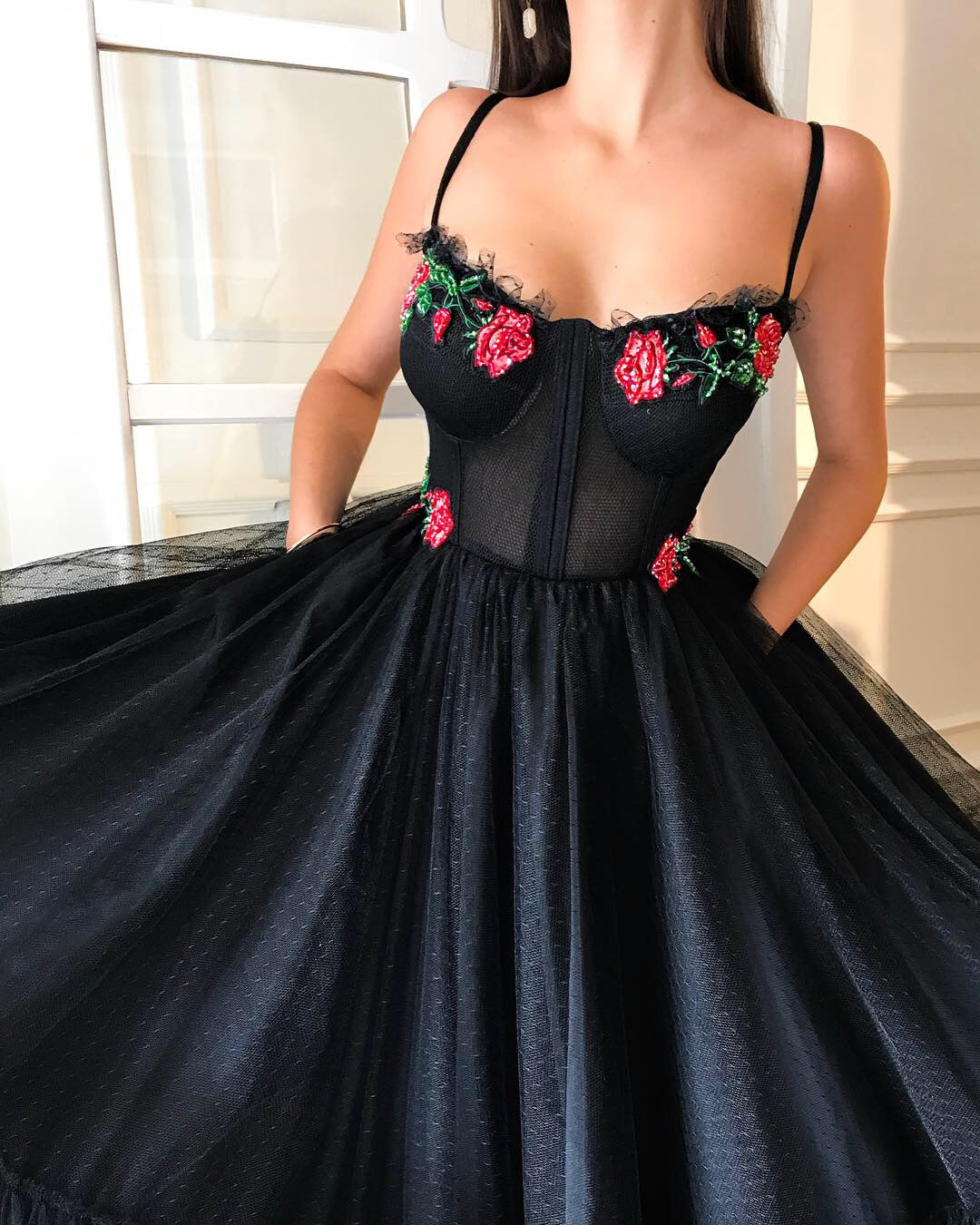 Black A-Line dress with spaghetti straps and embroidery