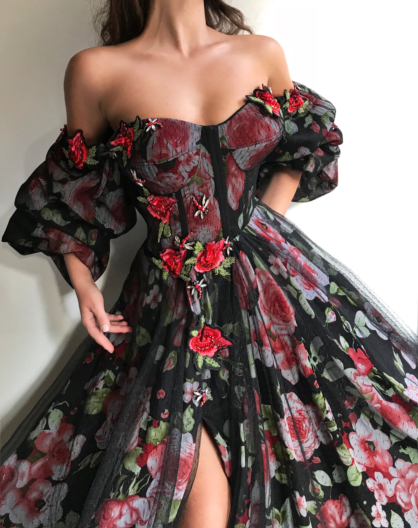 Black A-Line dress with off the shoulder sleeves, embroidery and printed flowers