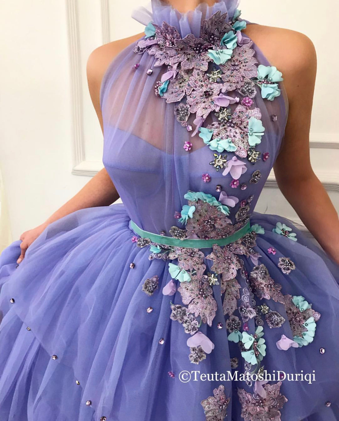 Purple A-Line dress with no sleeves and embroidery