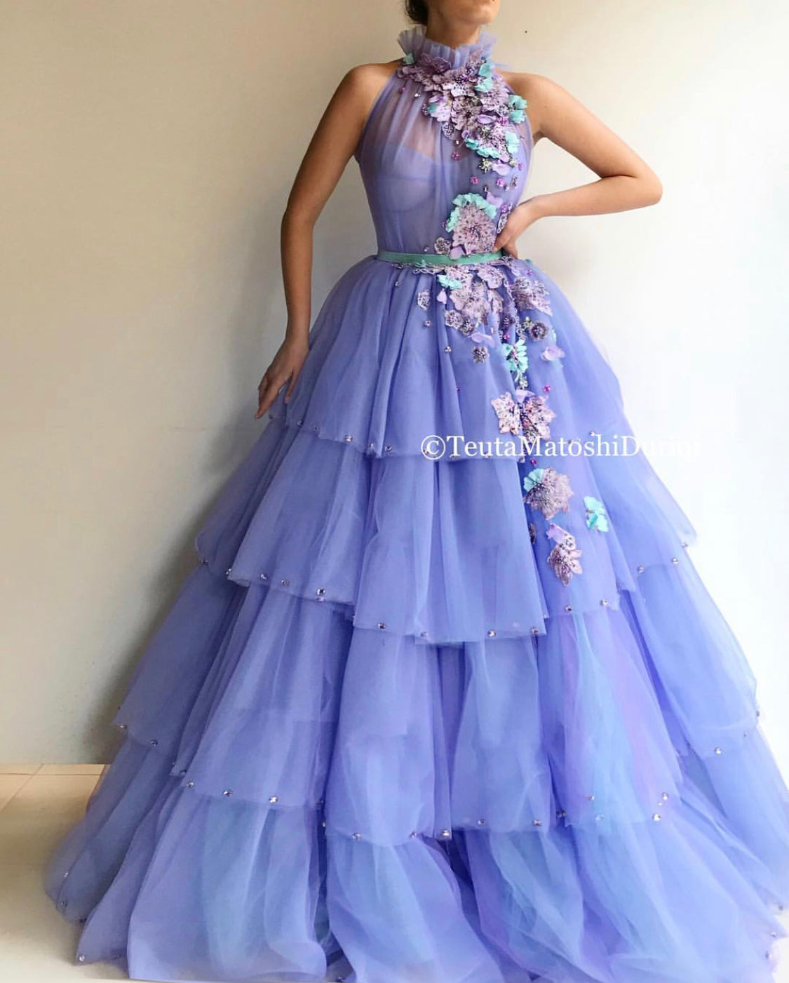Purple A-Line dress with no sleeves and embroidery