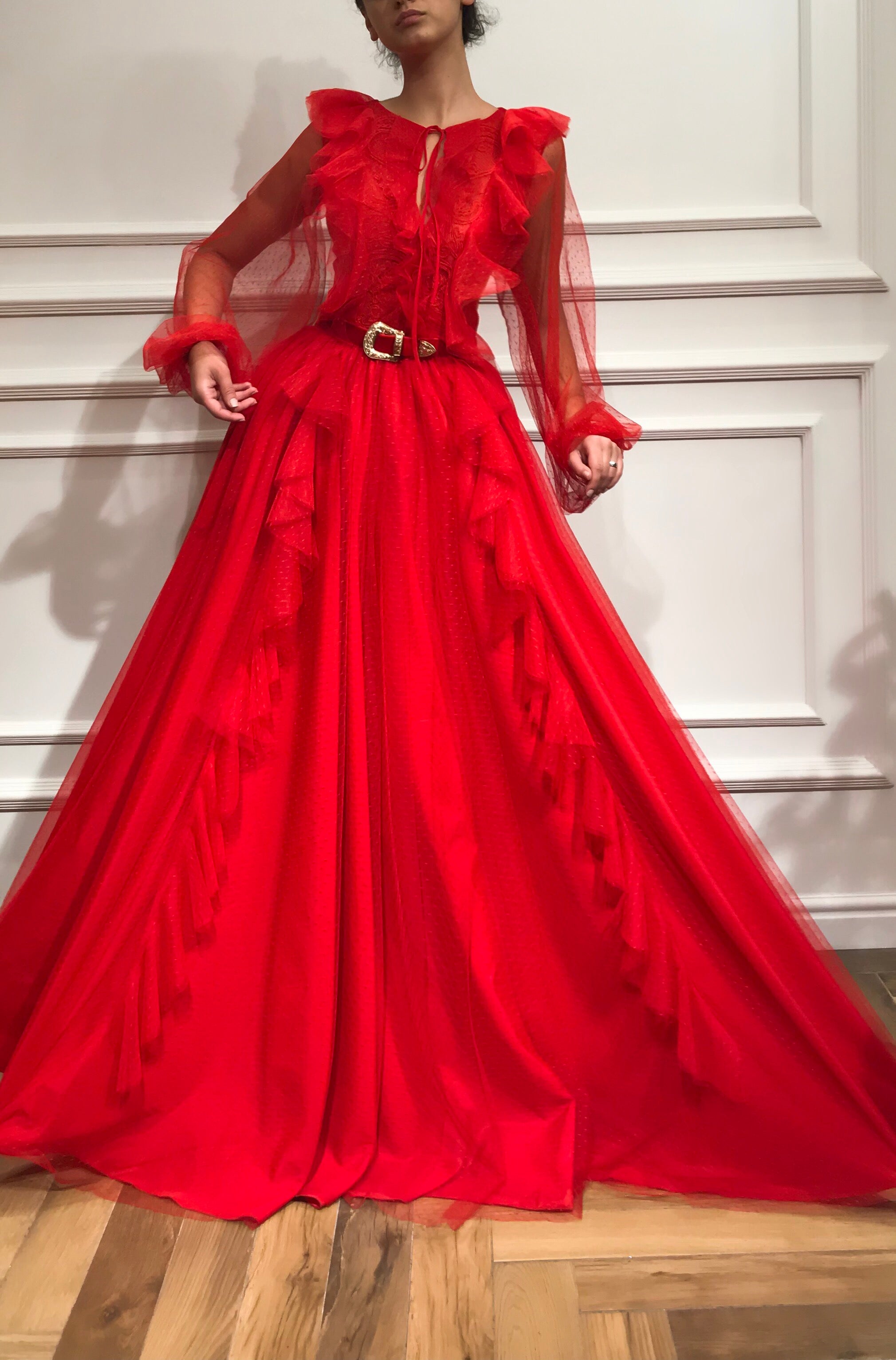 Red A-Line dress with belt, long sleeves and embroidery
