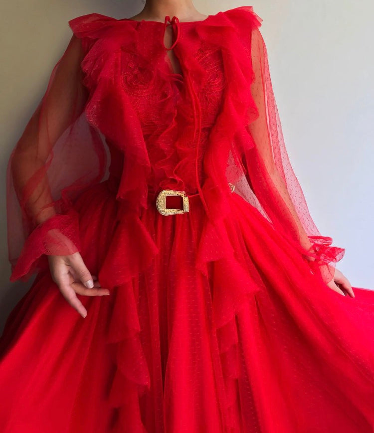 Red A-Line dress with belt, long sleeves and embroidery
