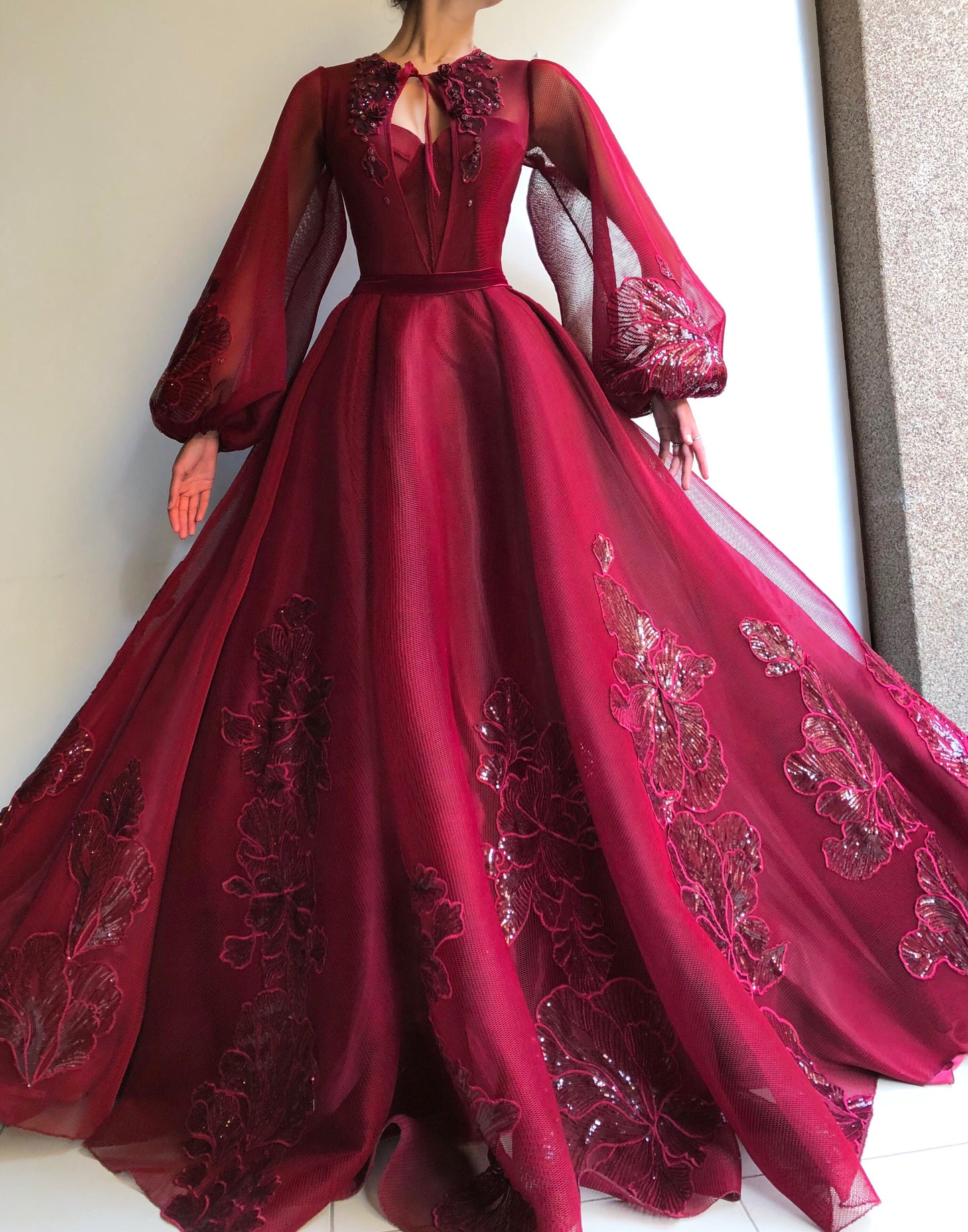 Red A-Line dress with long sleeves and embroidery