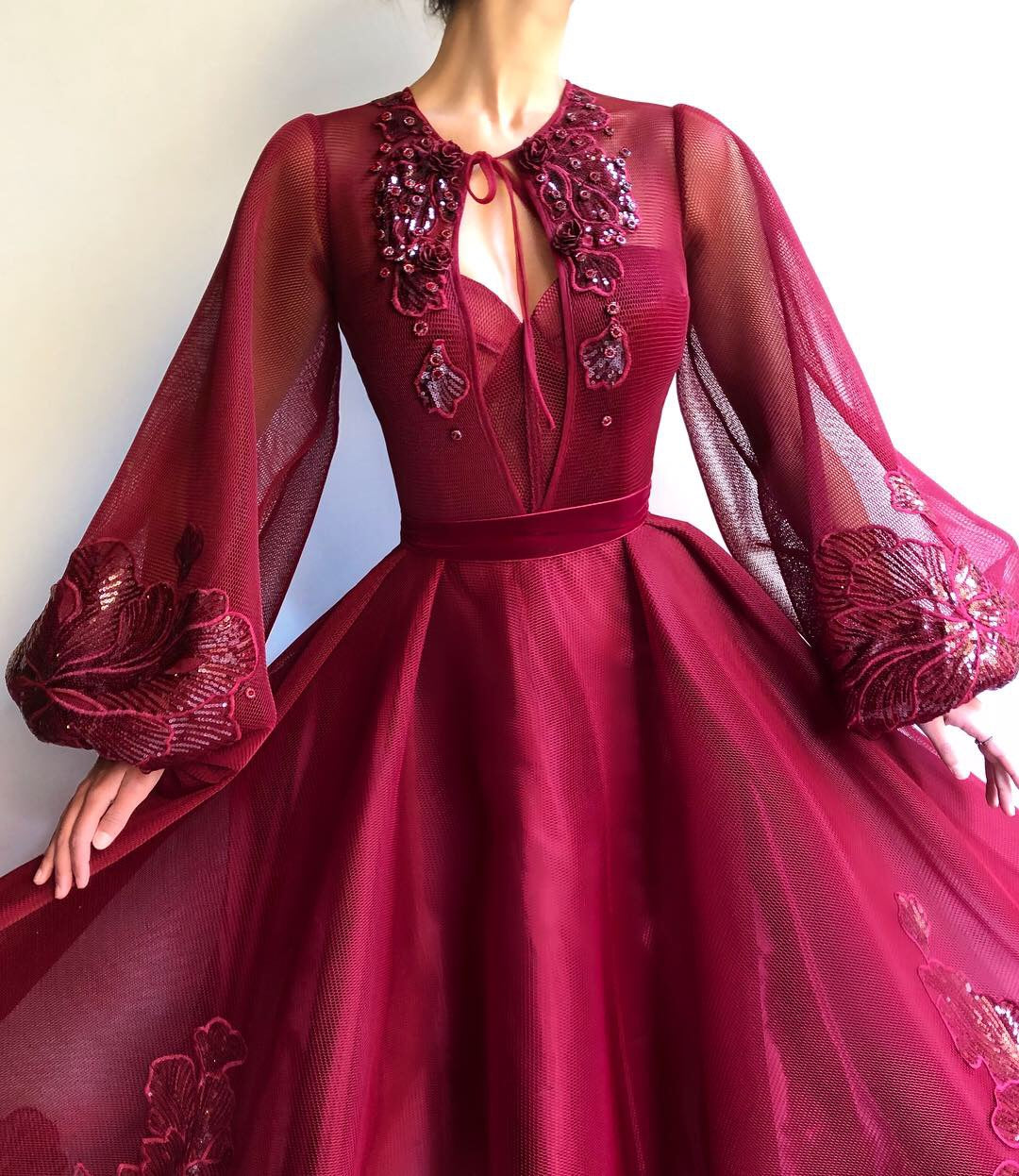 Red A-Line dress with long sleeves and embroidery