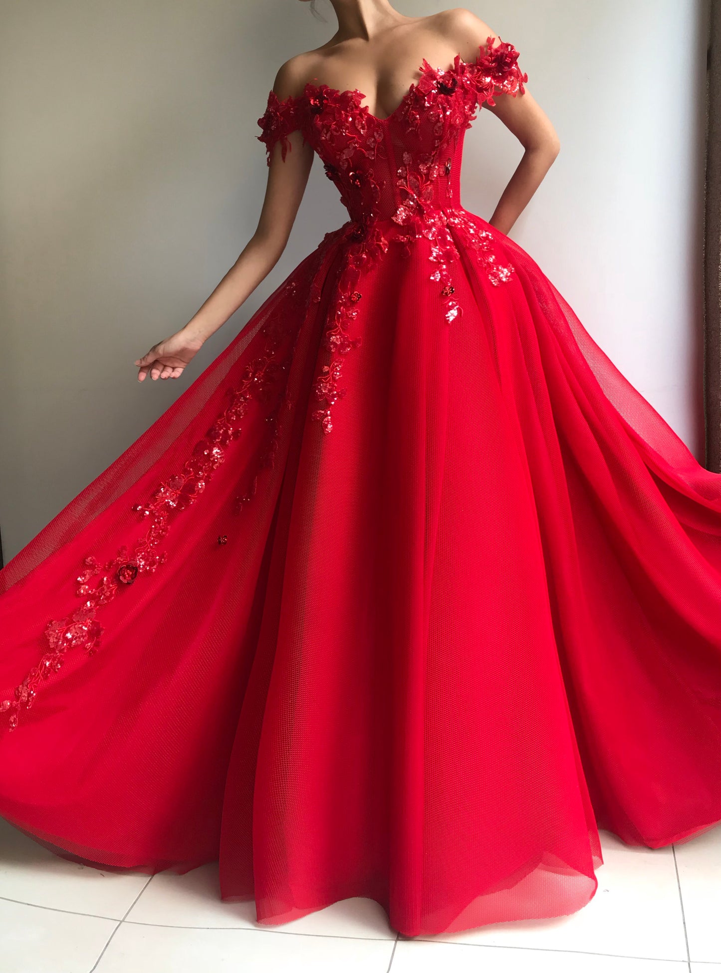 Red A-Line dress with embroidery and off the shoulder sleeves