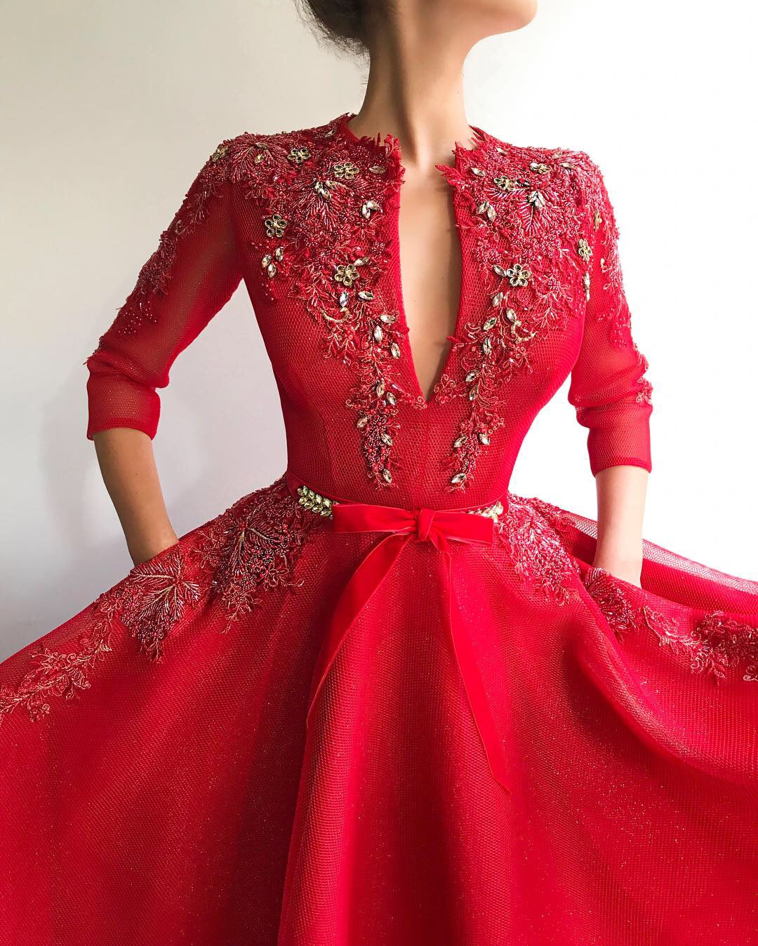 Red A-Line dress with long sleeves and embroidery
