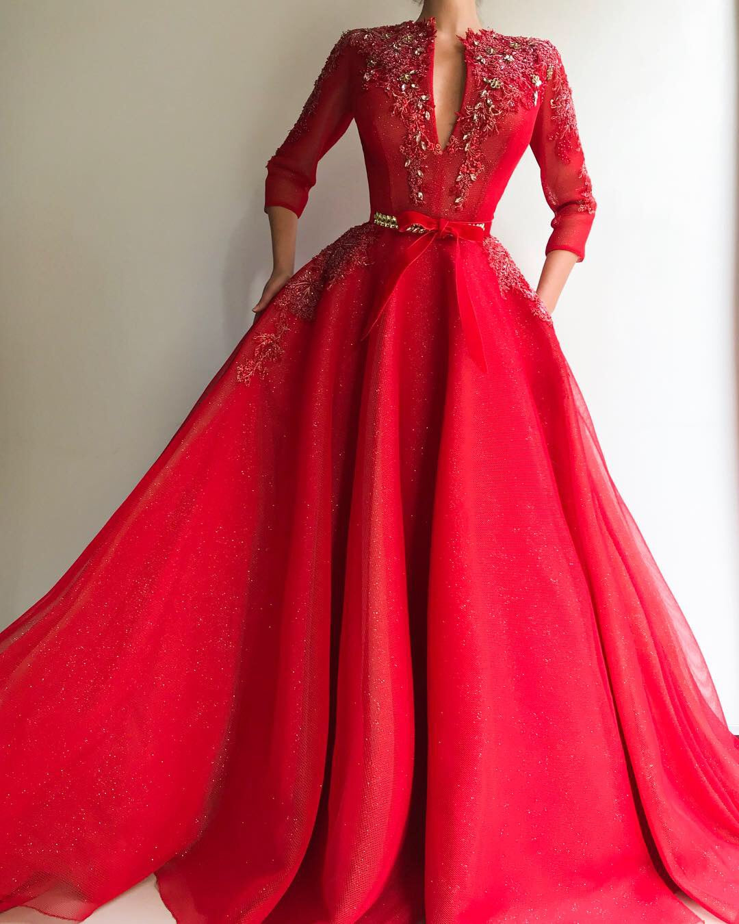 Red A-Line dress with long sleeves and embroidery