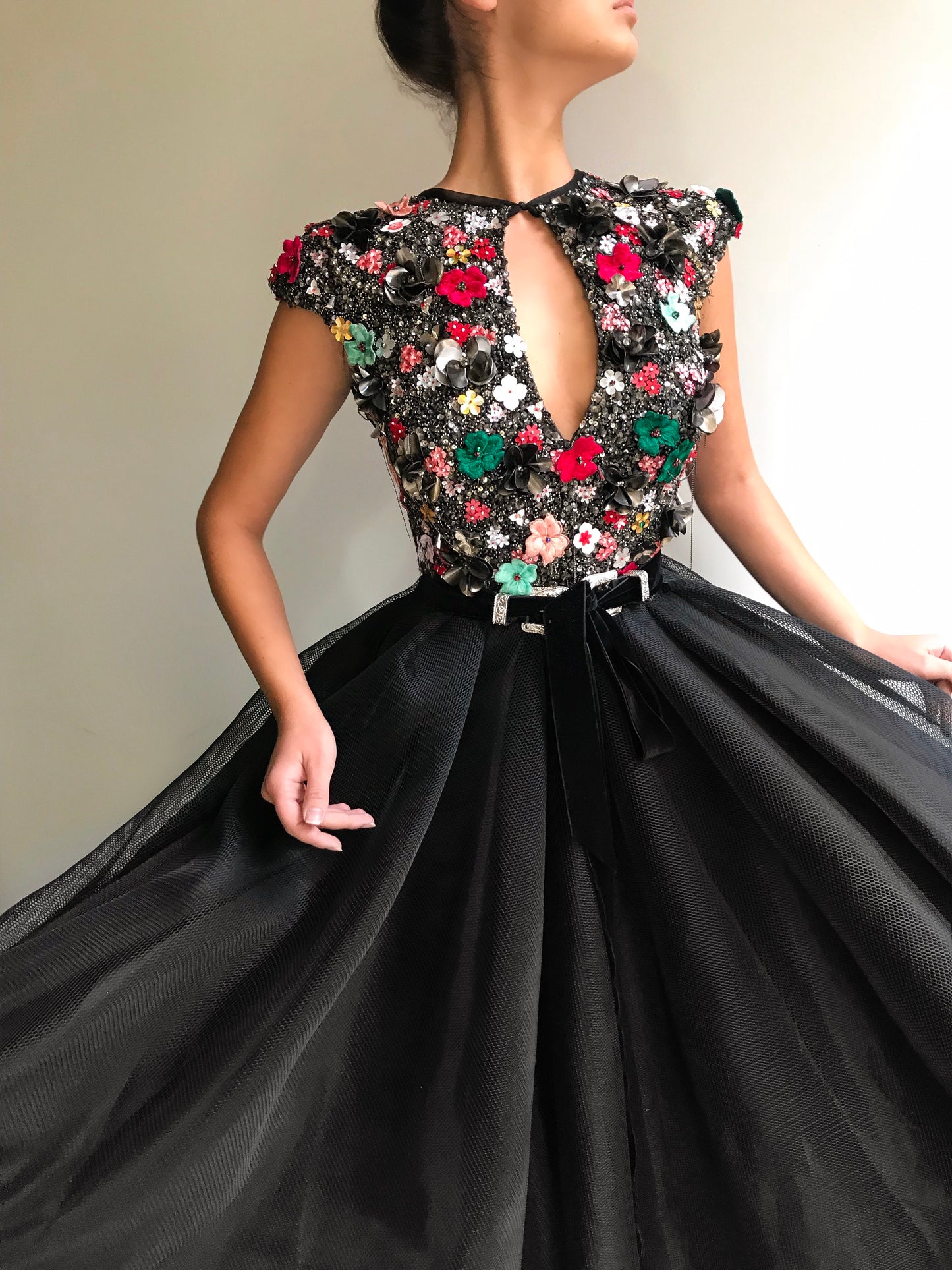 Black A-Line dress with no sleeves and embroidery