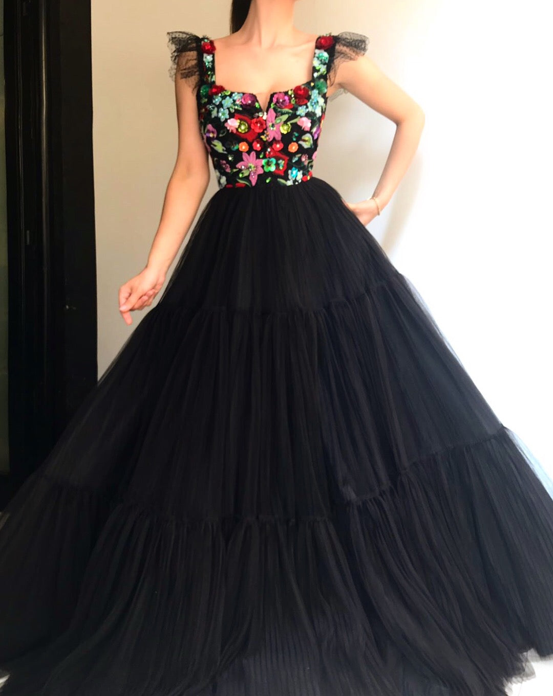 Black A-Line dress with straps and embroidery