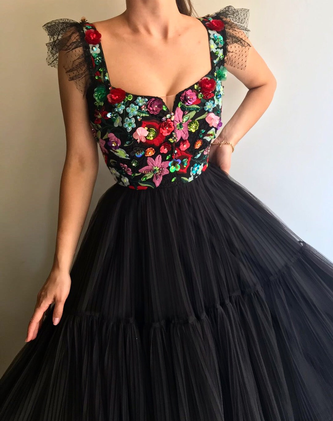 Black A-Line dress with straps and embroidery