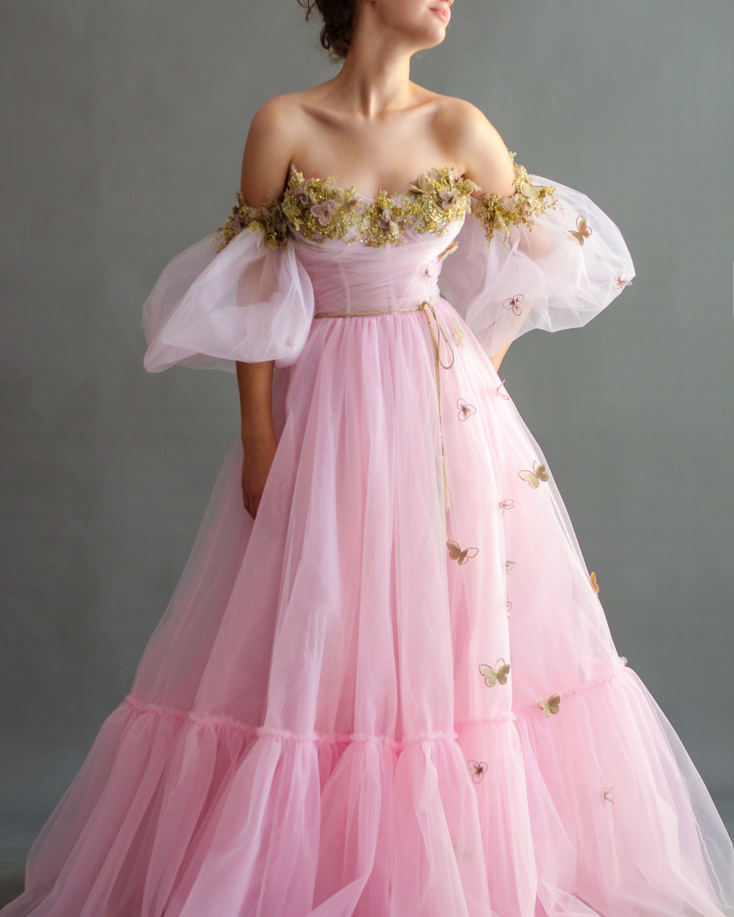 Pink A-Line dress with off the shoulder sleeves and embroidery