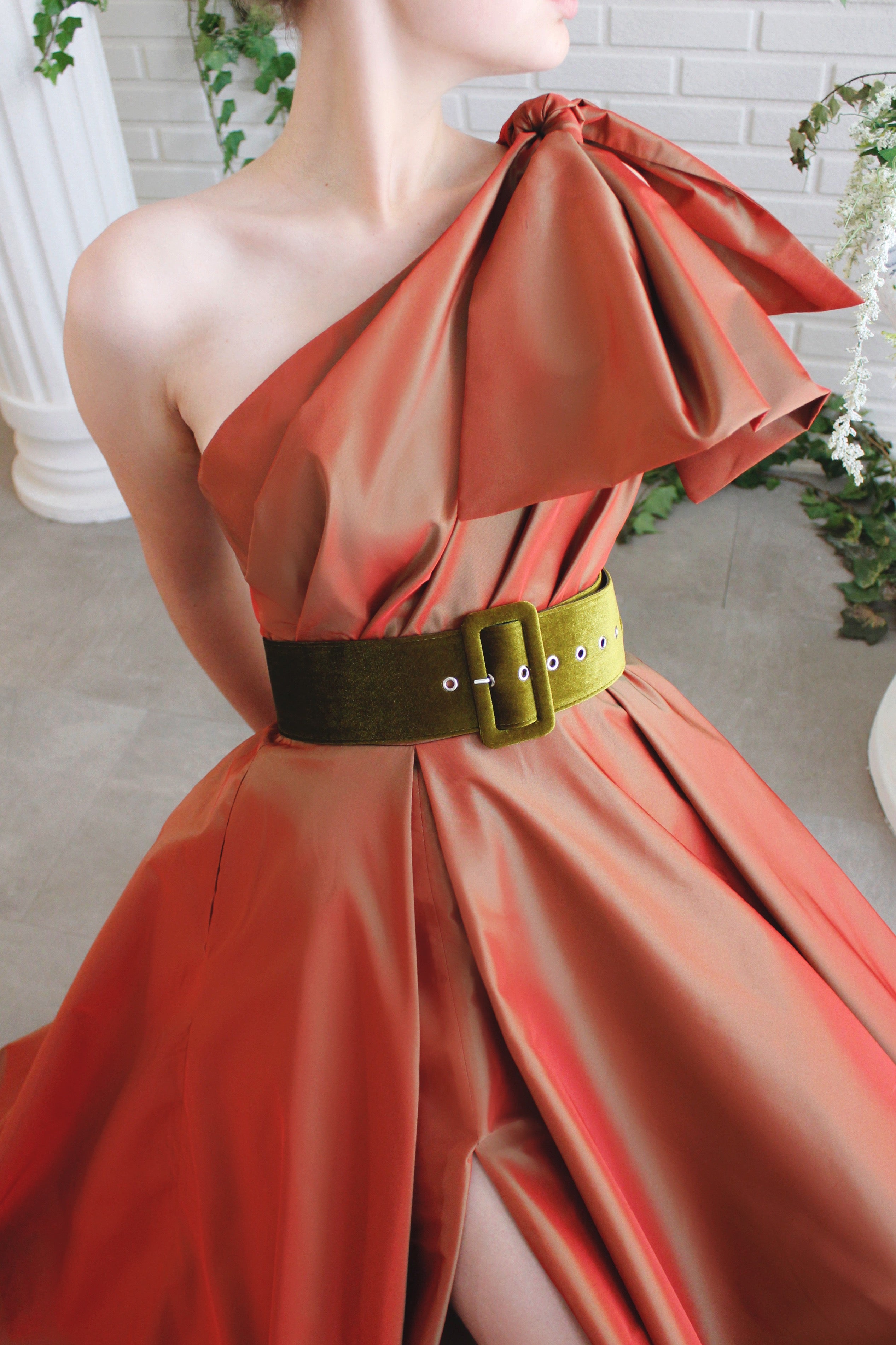 Red A-Line dress with belt and one shoulder sleeve