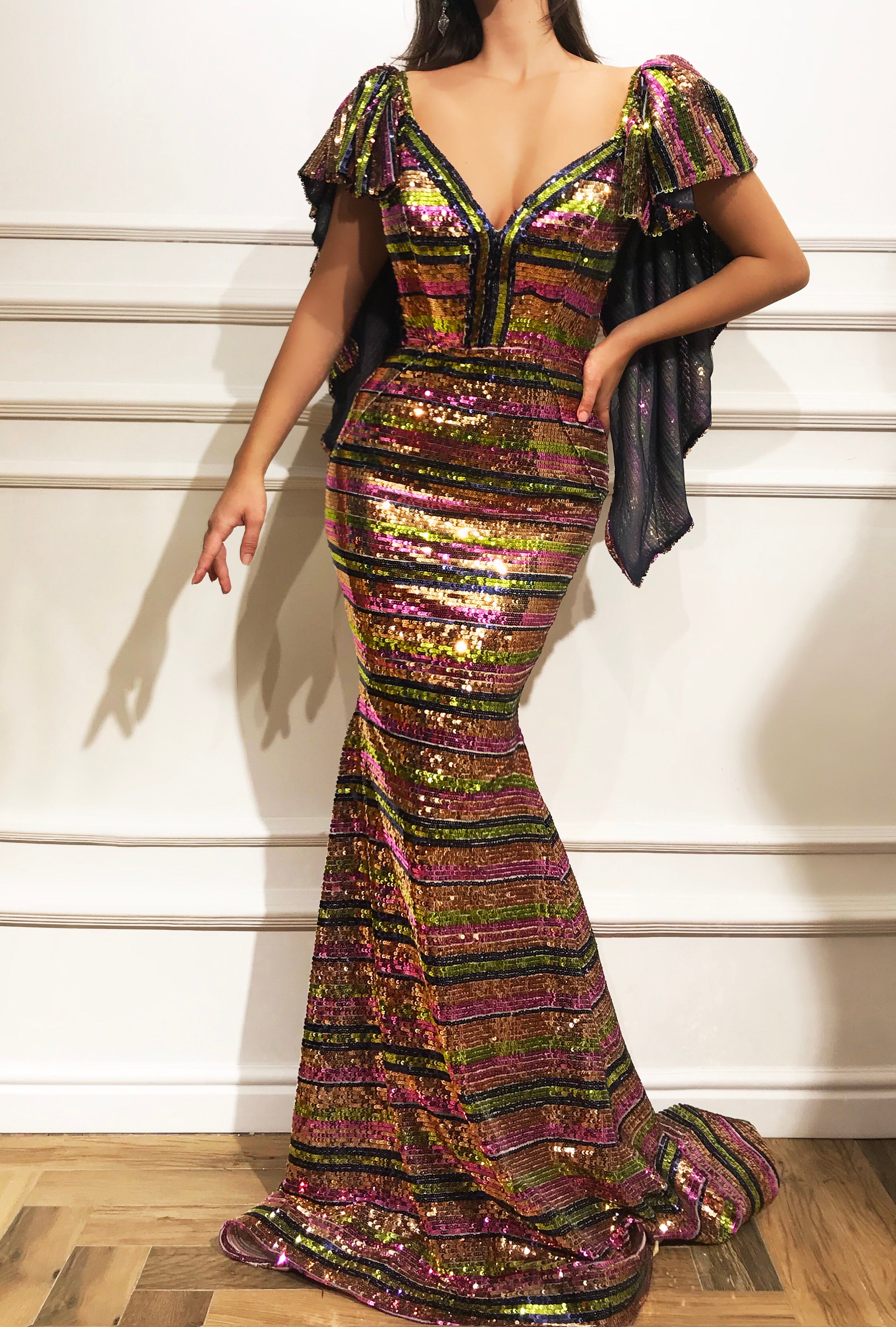 Colorful mermaid dress with short cape sleeves and sequins