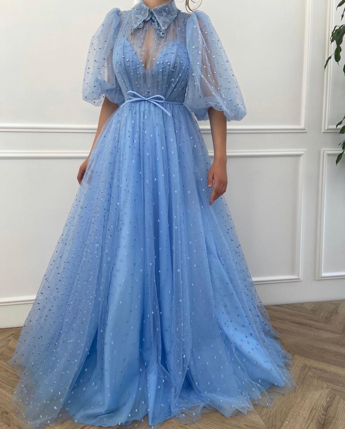Blue A-Line dress with short sleeves and embroidery