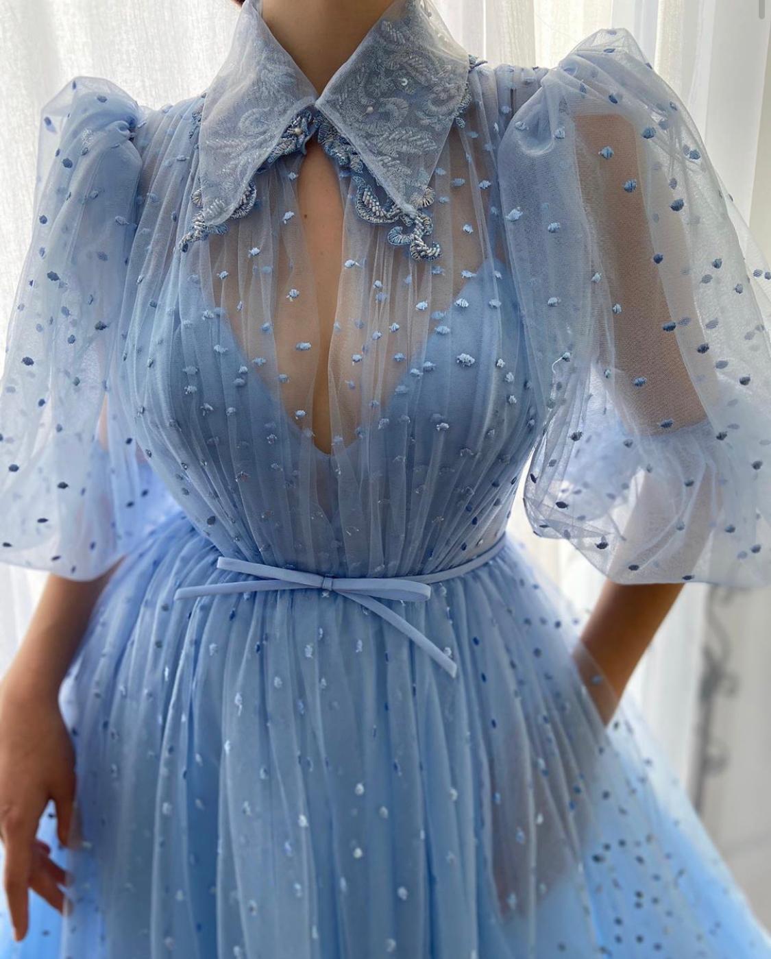 Blue A-Line dress with short sleeves and embroidery