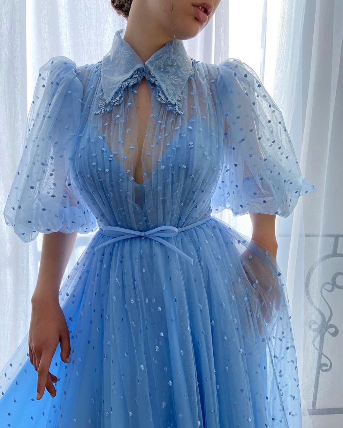 Blue A-Line dress with short sleeves and embroidery