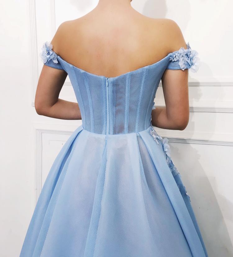 Blue A-Line dress with off the shoulder sleeves and embroidered flowers