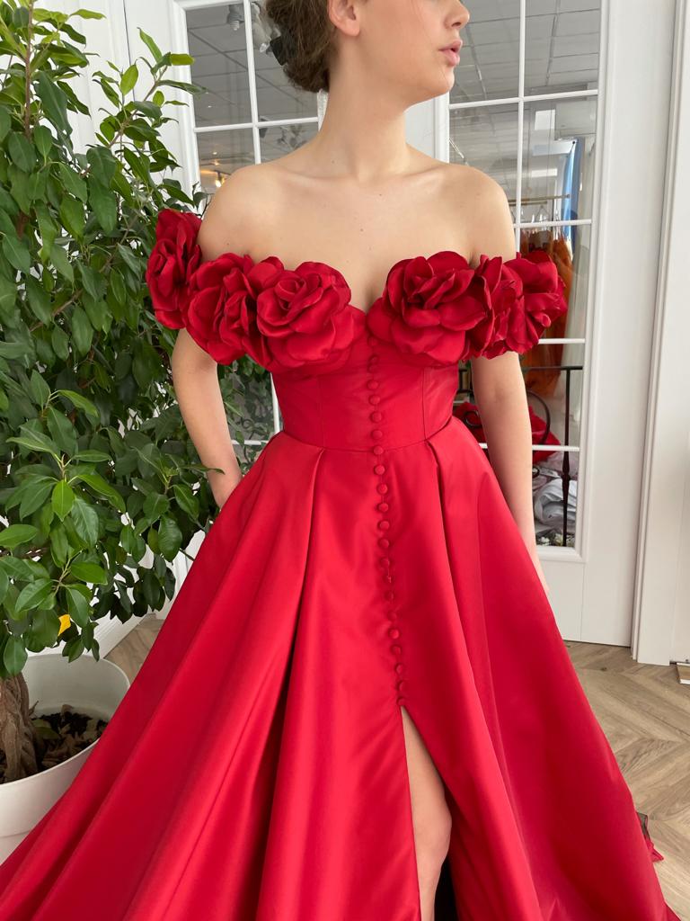 Red A-Line dress with off the shoulder sleeves and embroidery