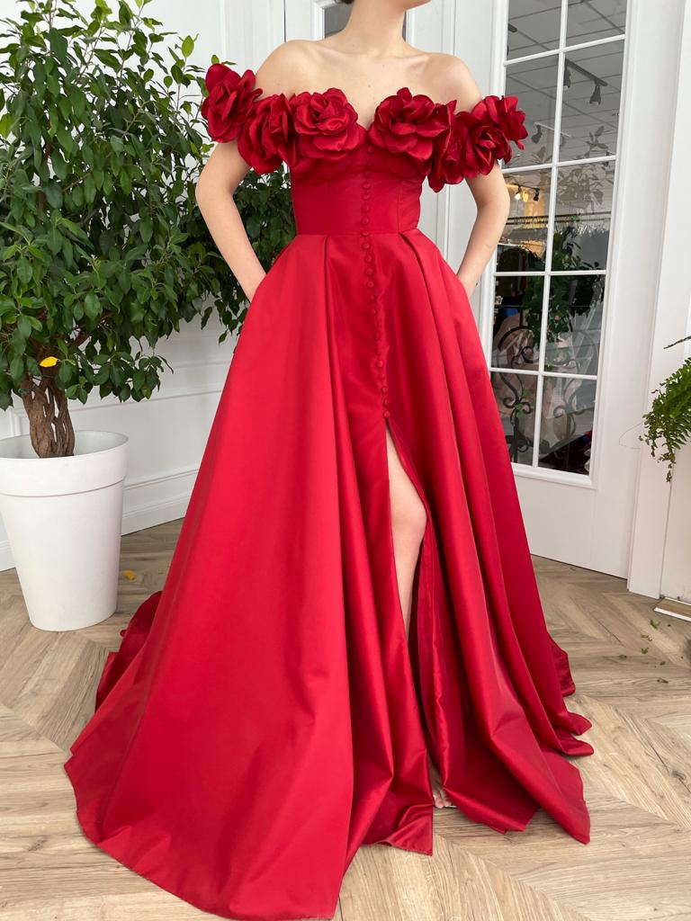 Red A-Line dress with off the shoulder sleeves and embroidery