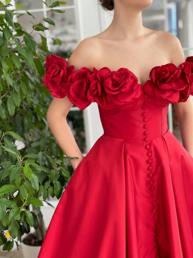 Red A-Line dress with off the shoulder sleeves and embroidery