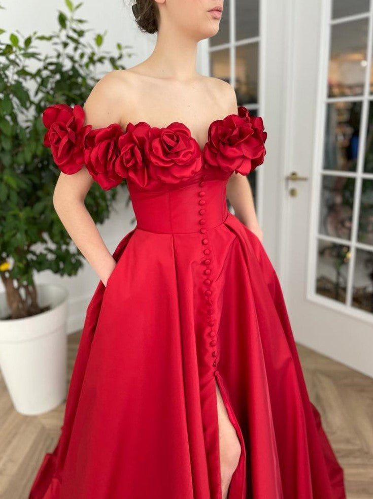 Red A-Line dress with off the shoulder sleeves and embroidery