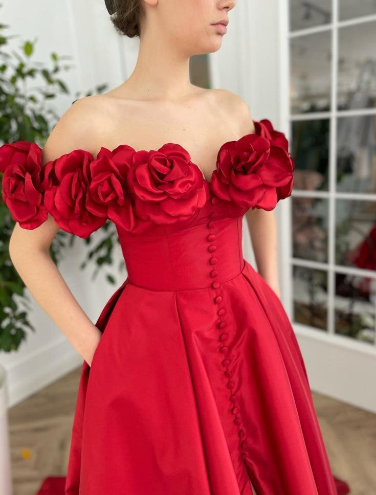 Red A-Line dress with off the shoulder sleeves and embroidery