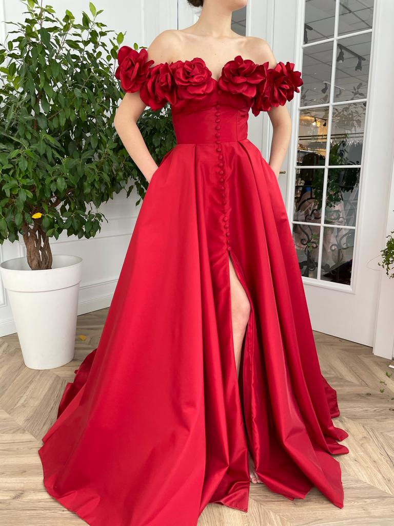 Red A-Line dress with off the shoulder sleeves and embroidery