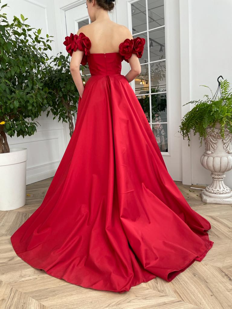 Red A-Line dress with off the shoulder sleeves and embroidery