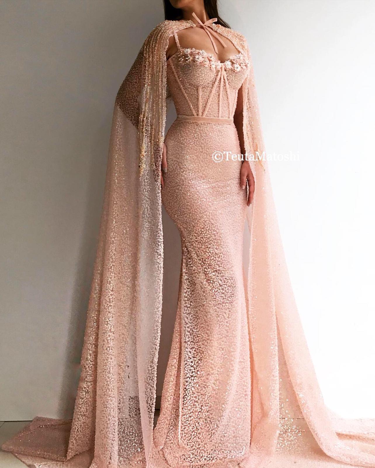 Pink mermaid dress with embroidery, cape and sequins