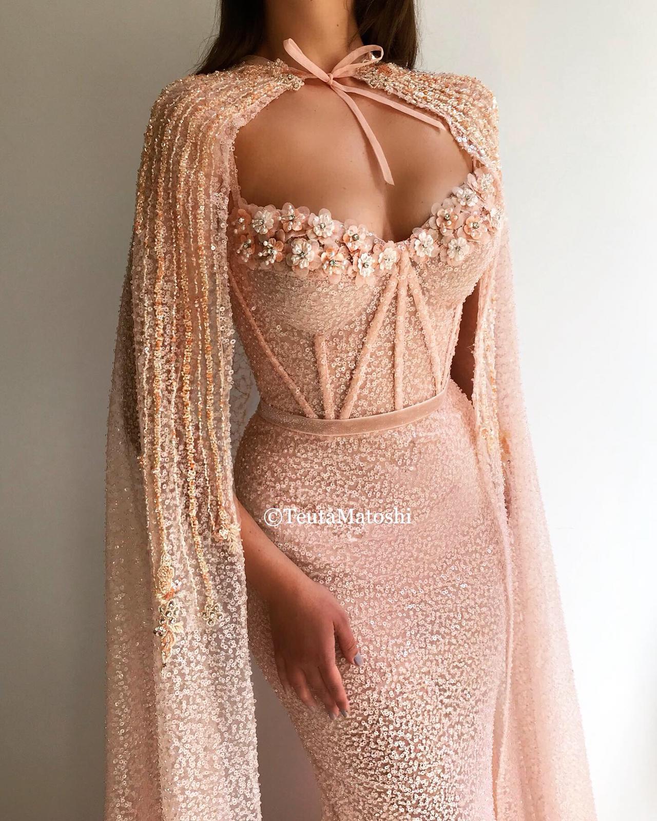 Pink mermaid dress with embroidery, cape and sequins