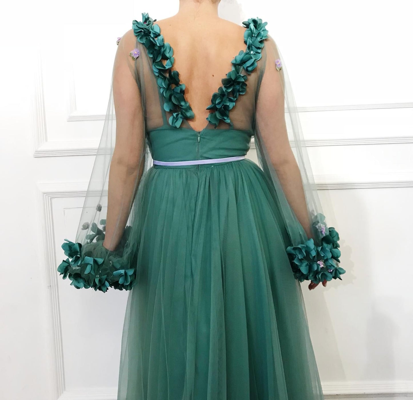 Green A-Line dress with long sleeves, v-neck and embroidery