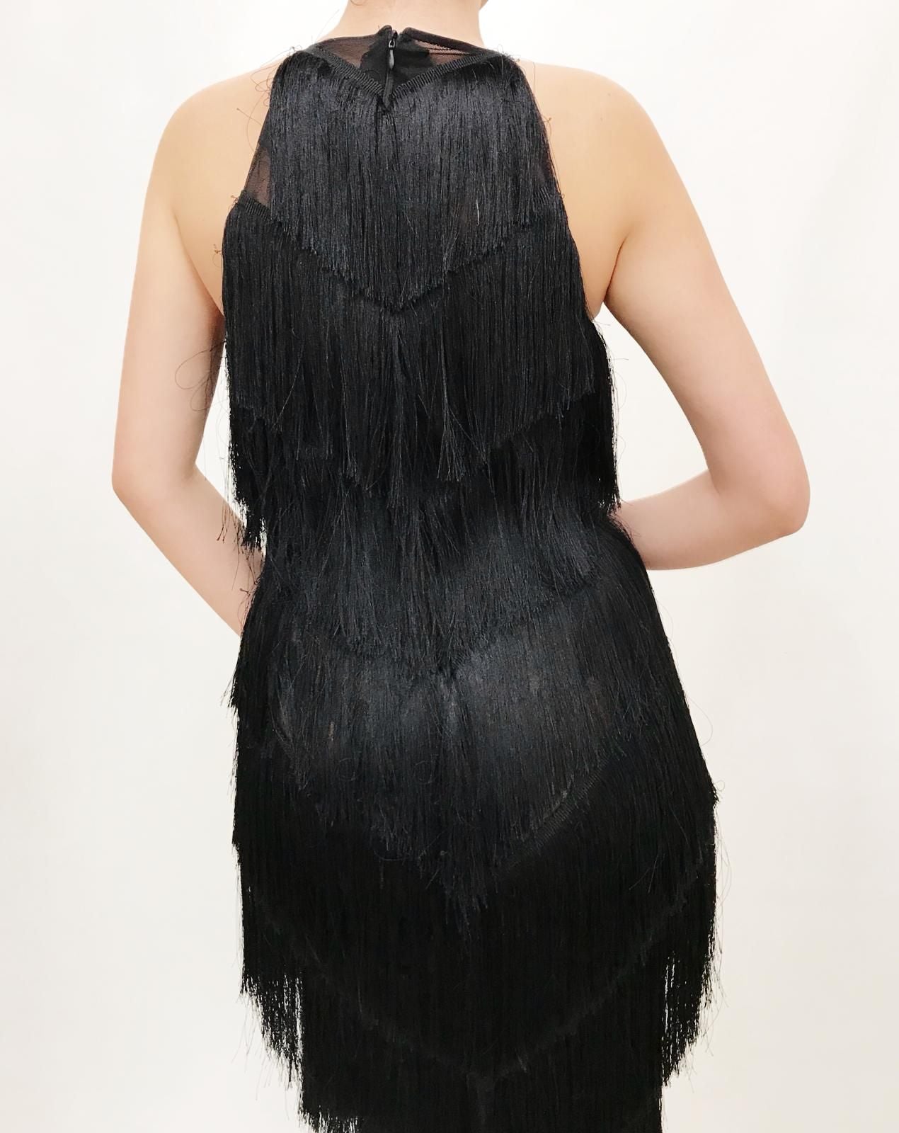 Black fringe mermaid dress with no sleeves
