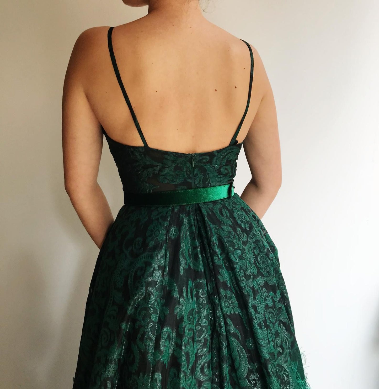 Green A-Line dress with lace, spaghetti straps, v-neck and belt