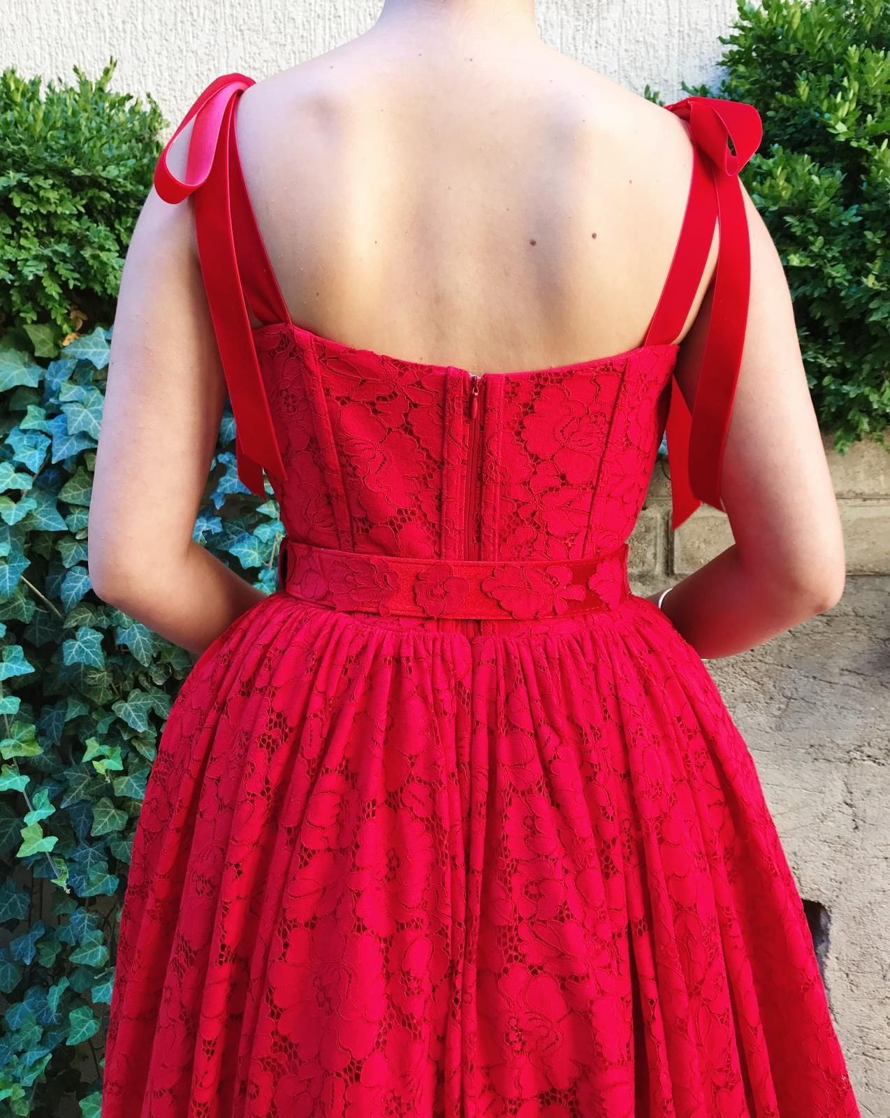 Red A-Line dress with belt and straps