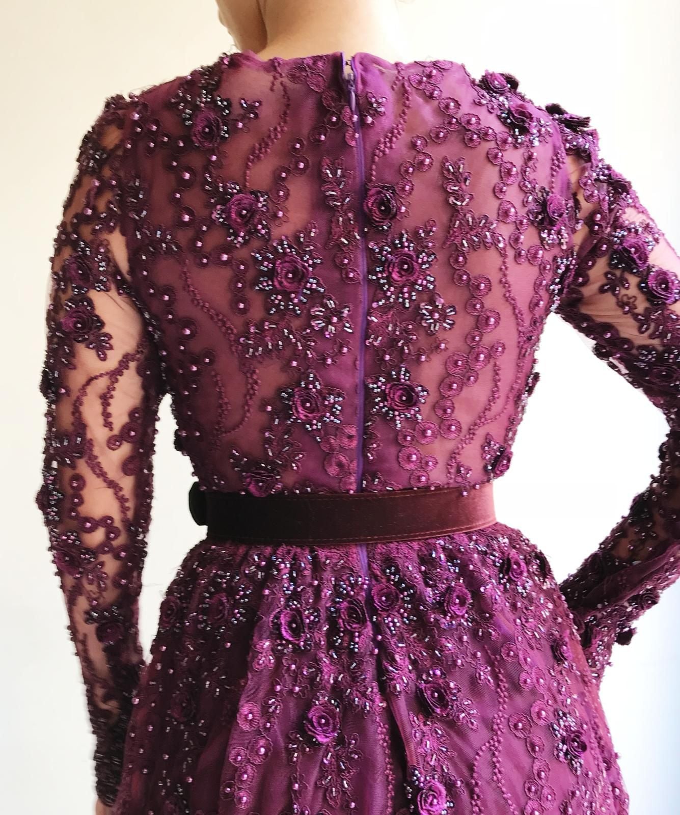 Purple A-Line dress with long sleeves, belt, embroidery and lace