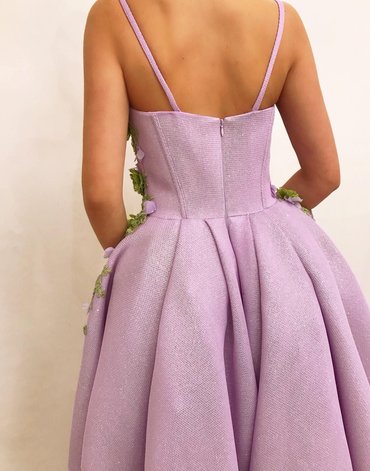 Purple overskirt dress with spaghetti straps and embroidery