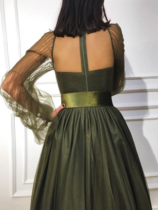 Green A-Line dress with long sleeves, belt and embroidery