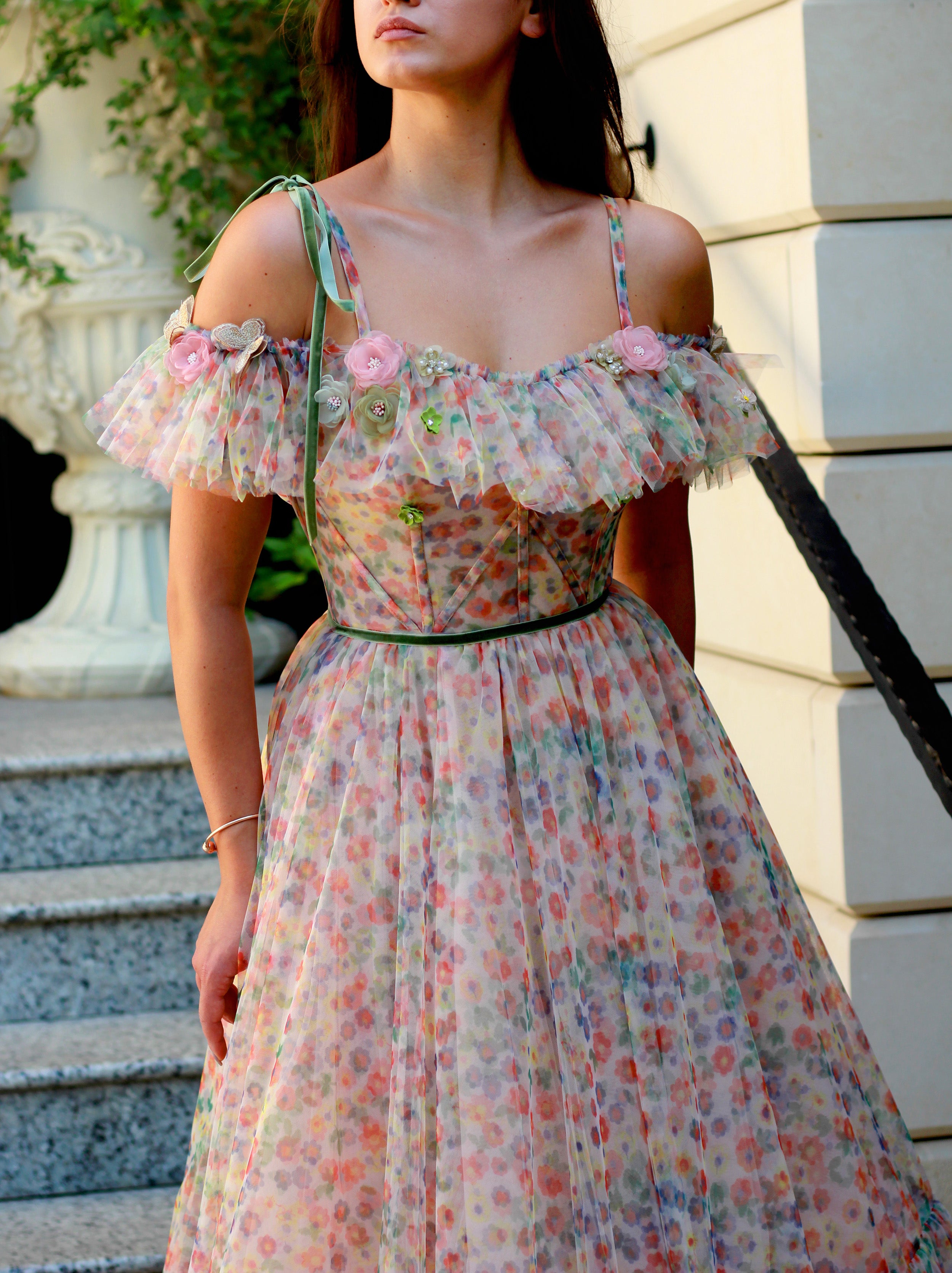 colorful A-Line dress with printed flowers, off the shoulder sleeves and spaghetti straps