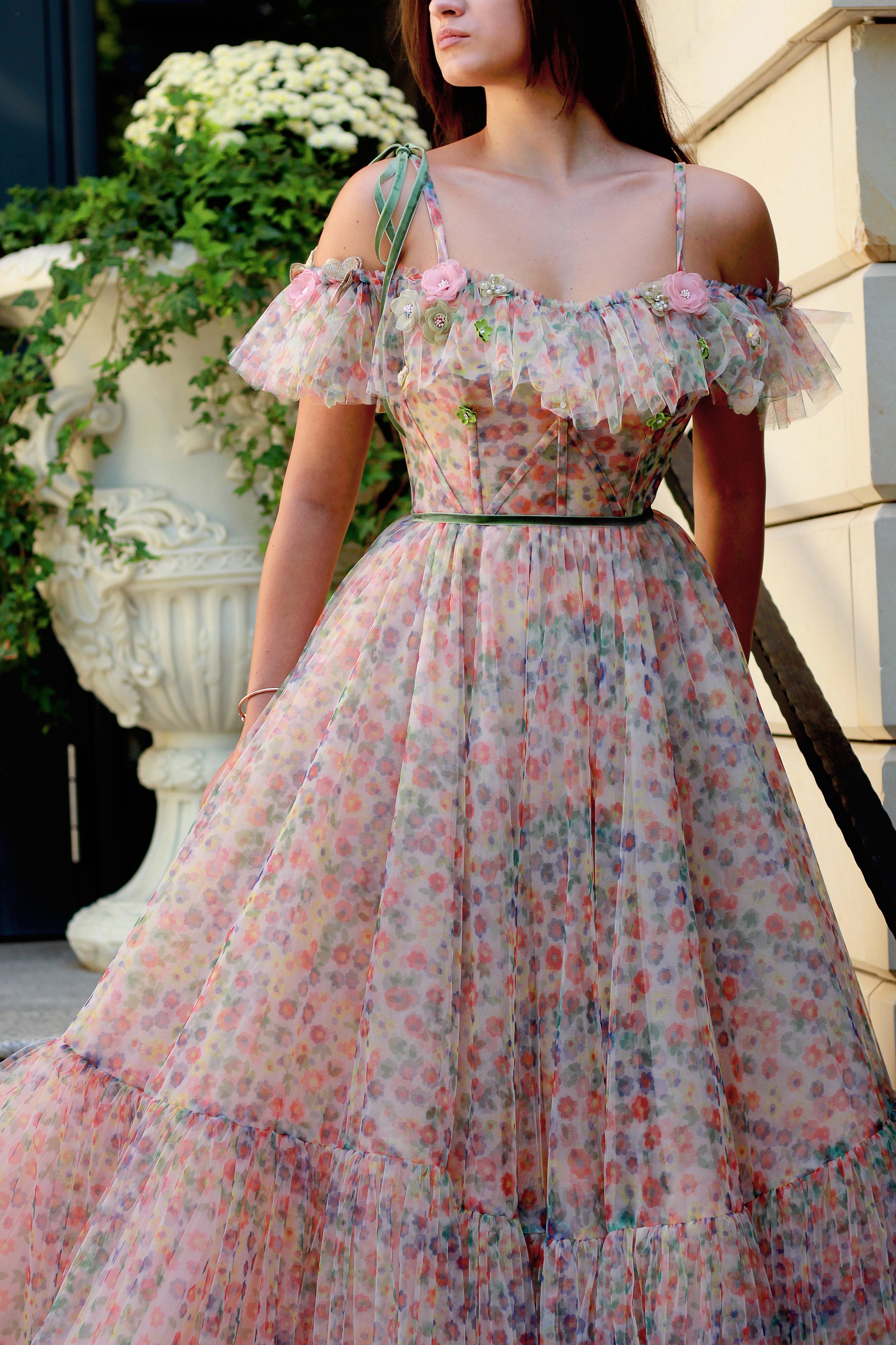colorful A-Line dress with printed flowers, off the shoulder sleeves and spaghetti straps