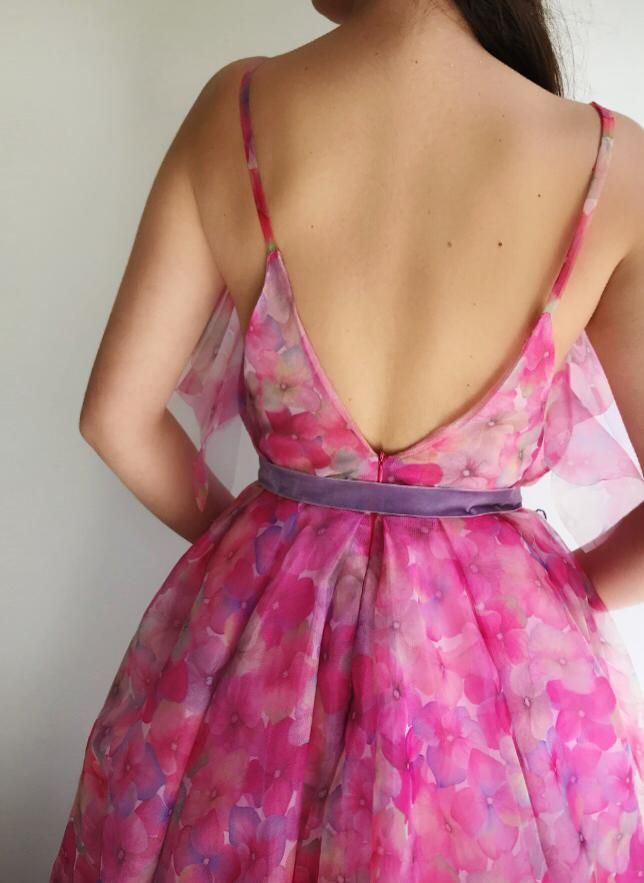 Pink A-Line dress with spaghetti straps, embroidery and butterflies