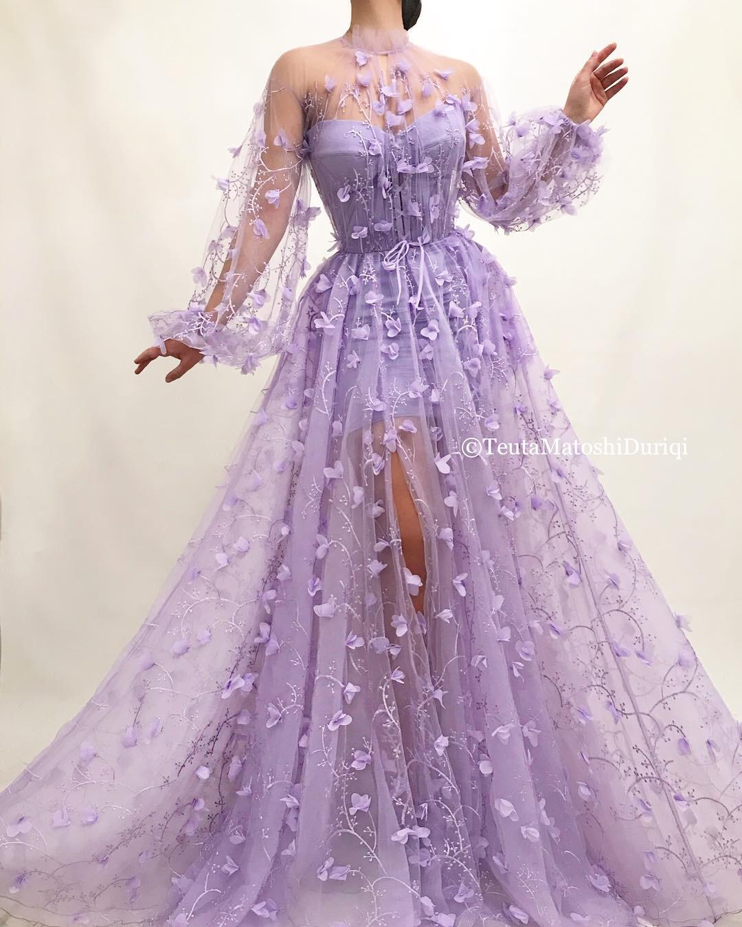 Purple A-Line dress with long sleeves, lace and embroidery