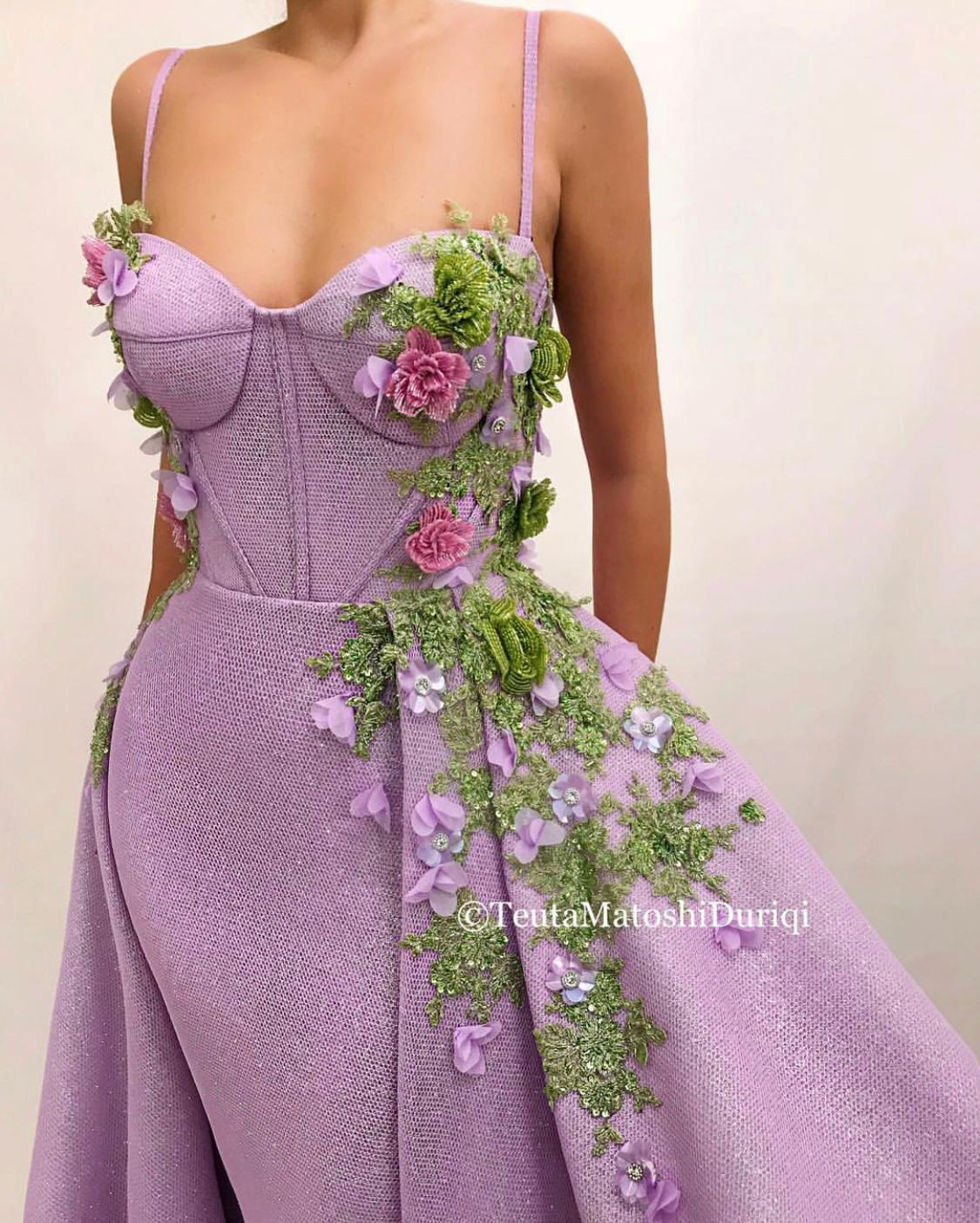 Purple overskirt dress with spaghetti straps and embroidery