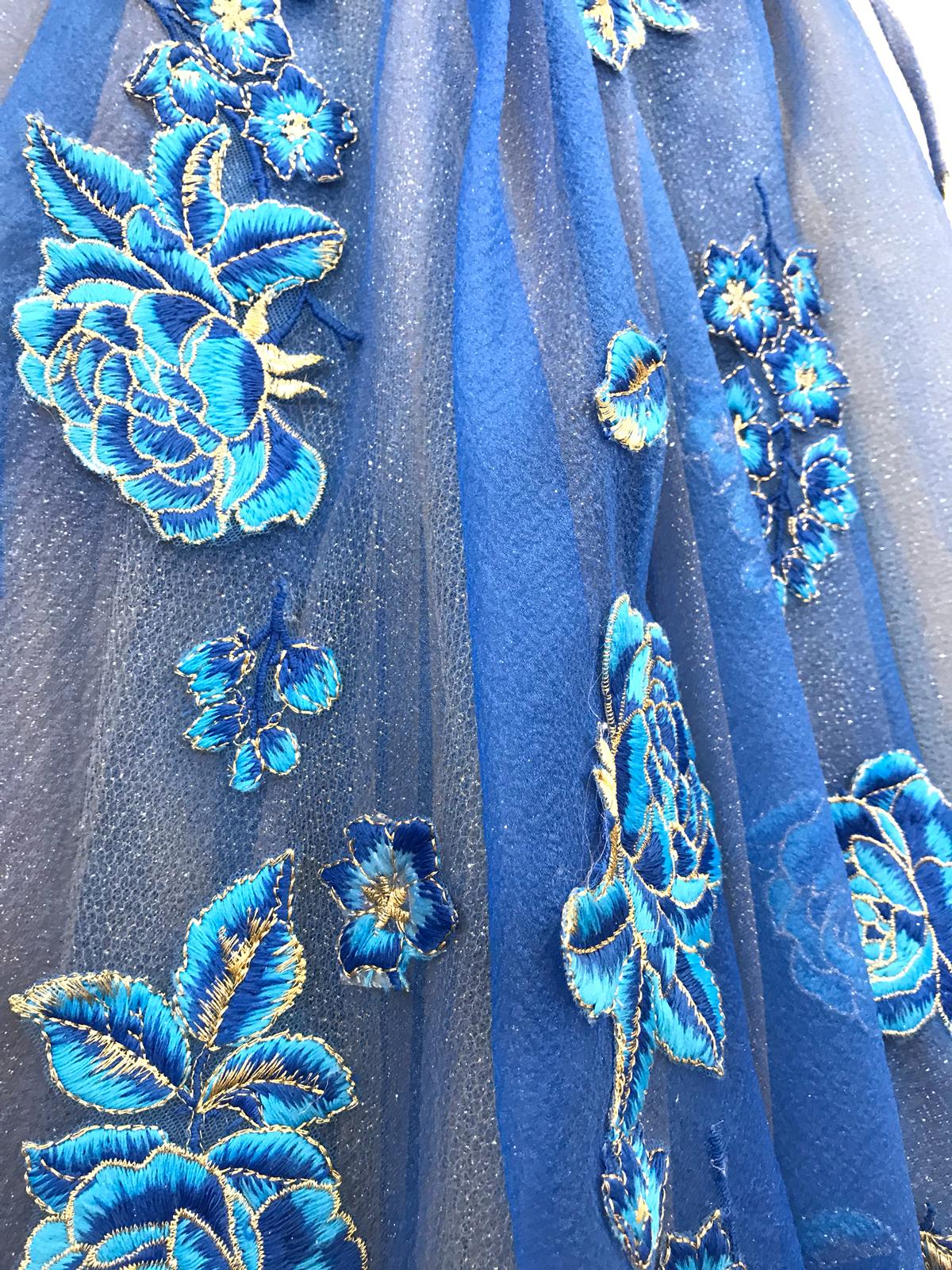 Blue A-Line dress with spaghetti straps and embroidery