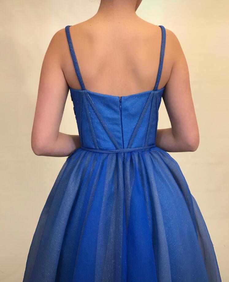 Blue A-Line dress with spaghetti straps and embroidery