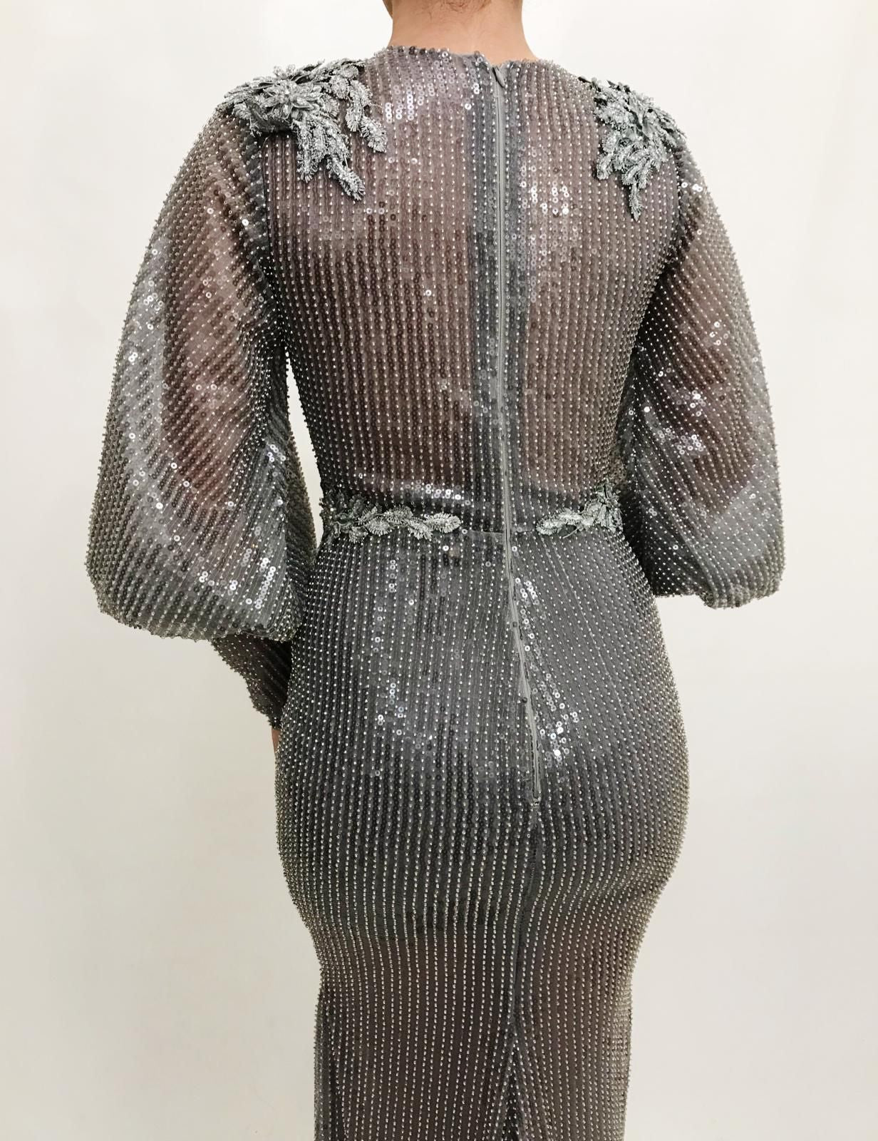 Grey mermaid dress with long sleeves and embroidery