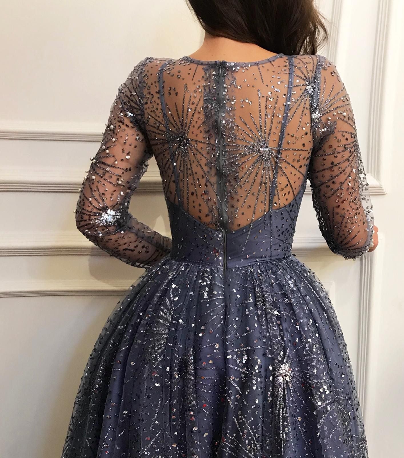 Purple A-Line dress with long sleeves and embroidery