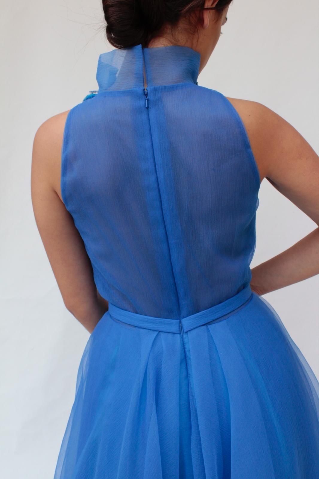 Blue A-Line dress with no sleeves and embroidery